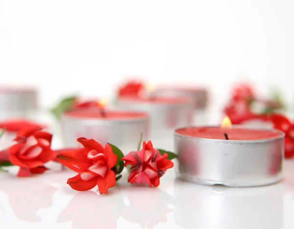 Red Flowers Burning Candles White Background — Stock Photo, Image