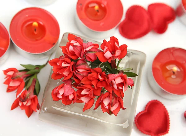 kırmızı çiçekler ve yanan mumlar beyaz arkaplanda 