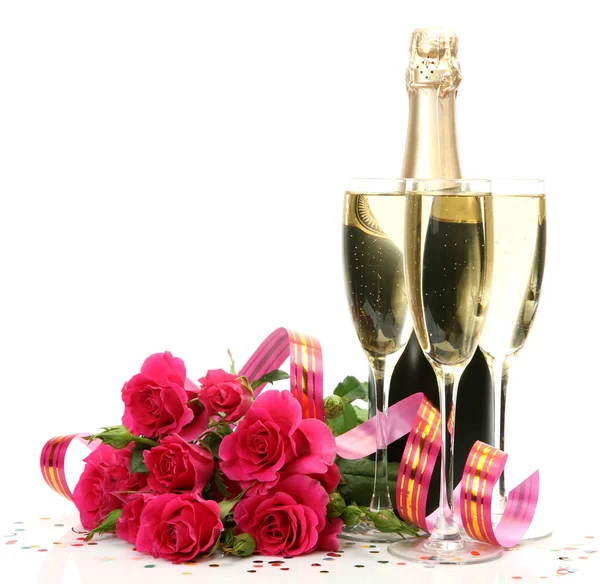 Champagne et bouquet de roses — Photo