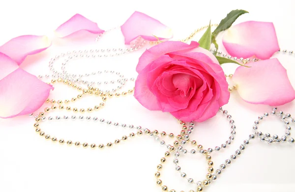 Pink rose and beads — Stock Photo, Image