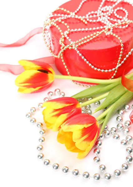 Tulips and gift — Stock Photo, Image