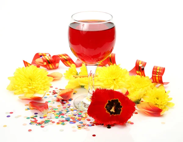 Wine and flowers  with holiday decorations — Stock Photo, Image