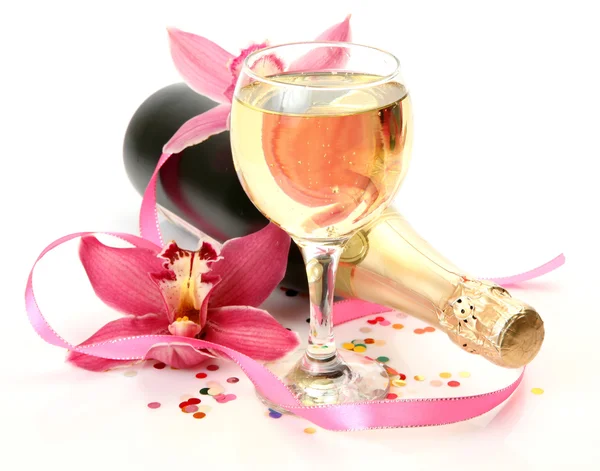 Champagne and pink orchid — Stock Photo, Image