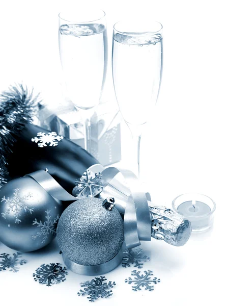 Champagne and New Year's ornaments — Stock Photo, Image