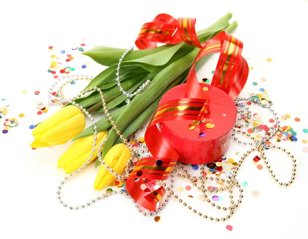 Tulips and gift — Stock Photo, Image