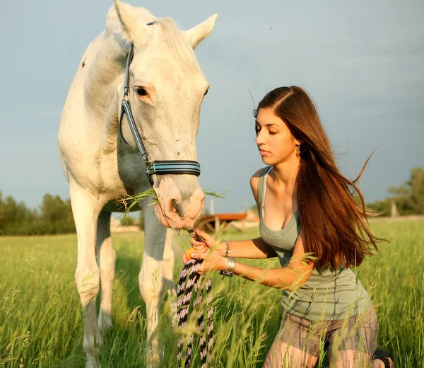 Flickan och vita hästen Stockbild