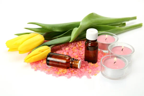 Aromatic oil and candles — Stock Photo, Image