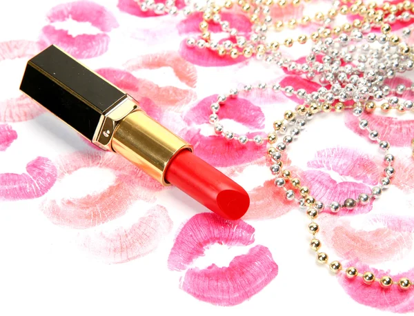 Lipstick and kisses on white — Stock Photo, Image