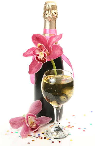 Champagne et orchidées roses — Photo