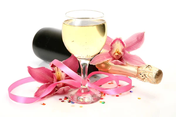 Champagne and pink orchids — Stock Photo, Image