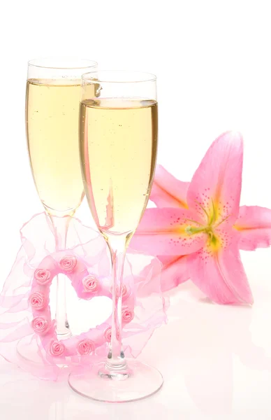 Champagne and heart with pink lily — Stock Photo, Image