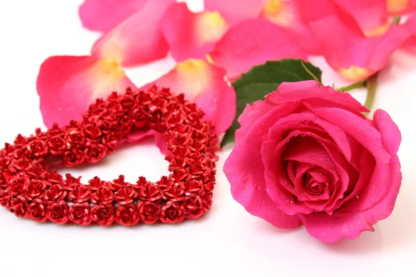 Decorative heart and pink rose — Stock Photo, Image