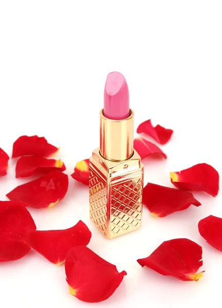 Pink lipstick and rose petals — Stock Photo, Image