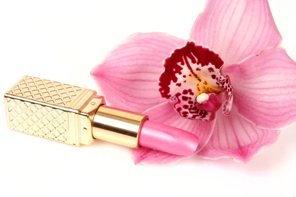 Orkidea ja vaaleanpunainen huulipuna — kuvapankkivalokuva