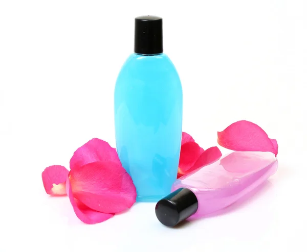 Şampuan şişeleri ve yaprakları — Stok fotoğraf