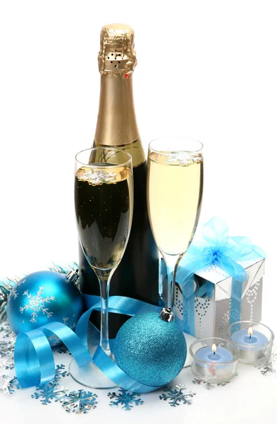 Champagne, gift and new year decorations — Stock Photo, Image