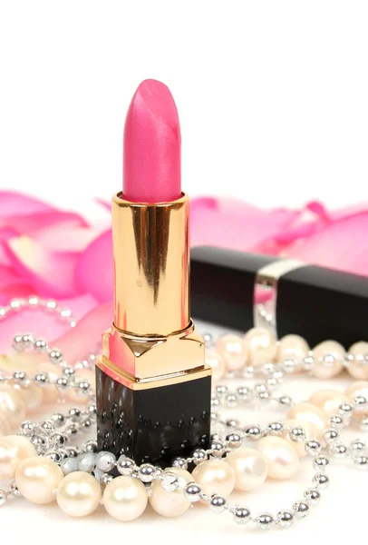 Lipstick and pearls and  petals — Stock Photo, Image