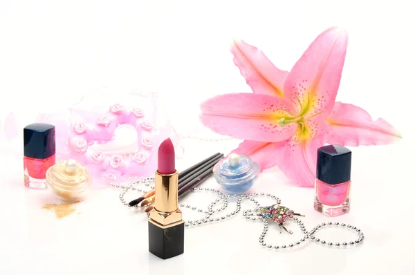 Pink lipstick, nail polish and powder — Stock Photo, Image