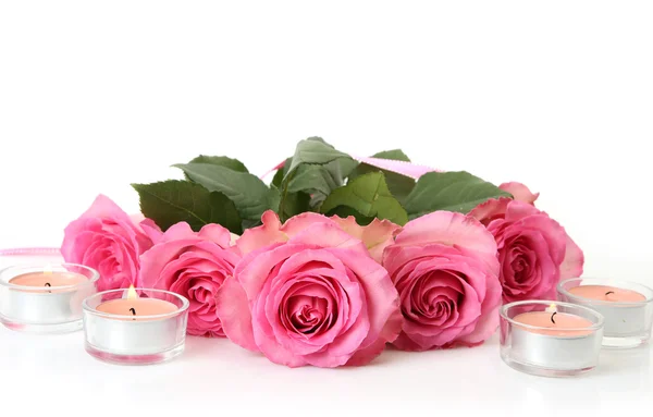 Rosas e velas cor de rosa — Fotografia de Stock