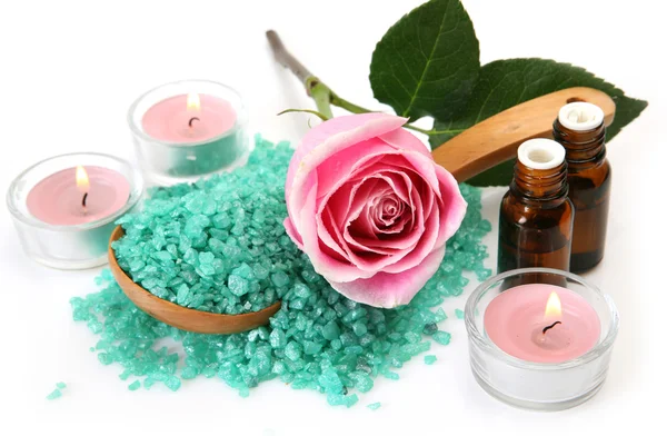 Sea salt  with candles and rose — Stock Photo, Image