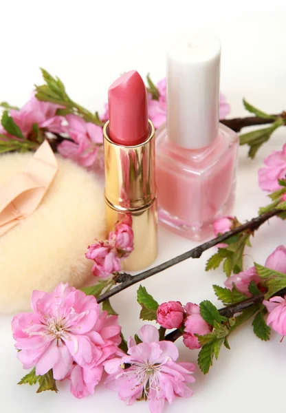 Decorative cosmetics and flowering branches — Stock Photo, Image