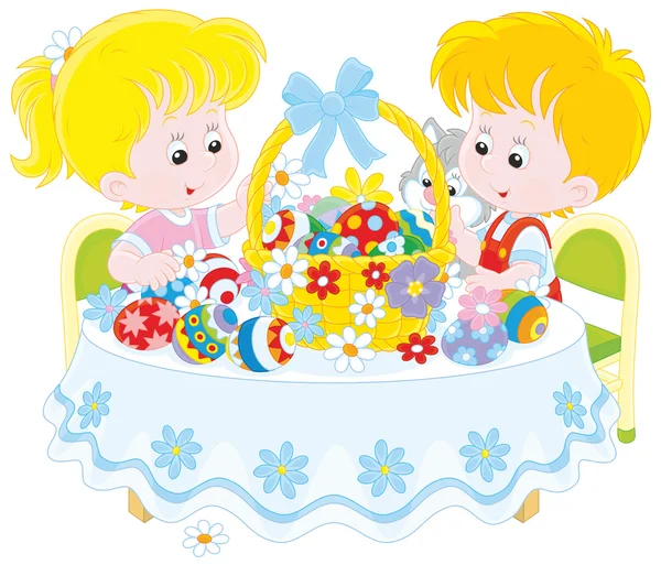 Niños con una cesta de Pascua — Vector de stock