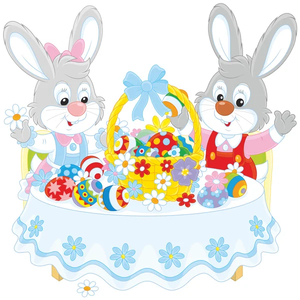 Rabbits with an Easter basket — Stock Vector