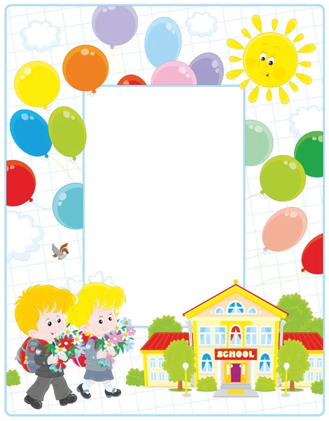Frame with schoolchildren and a school — Stock Vector