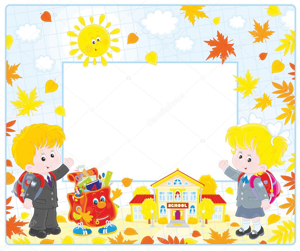 Ilustración de los antecedentes escolares con niños y niños — Vector de