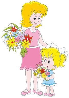 Anne ve kızı çiçekli