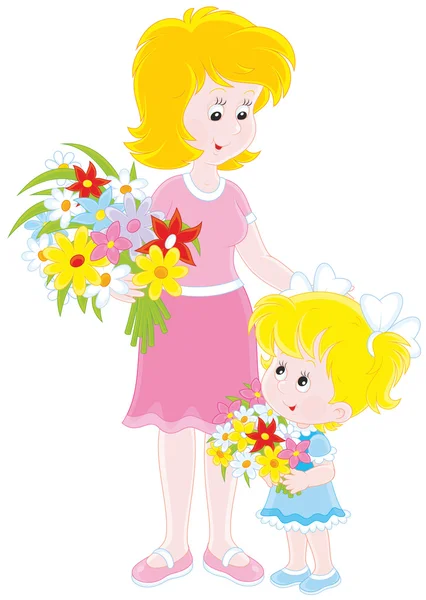 Mamá y su hija con flores — Vector de stock