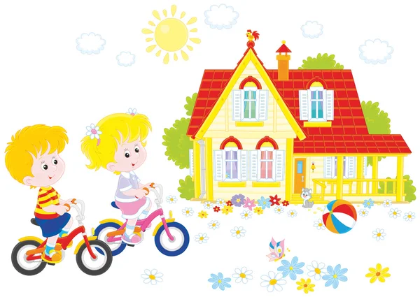 Niños montando bicicletas — Vector de stock