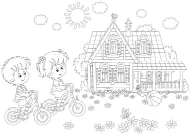 Children riding bicycles clipart