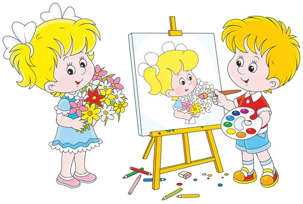 Little painter drawing a girl — Stock Vector