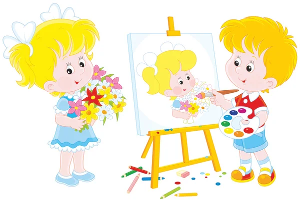 Kleiner Maler zeichnet ein Mädchen — Stockvektor