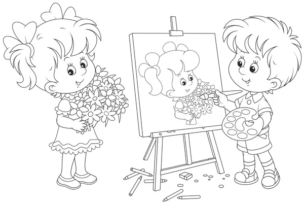 Little painter drawing a girl — Stock Vector