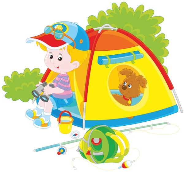 Boy scout with a camping tent — Stock Vector