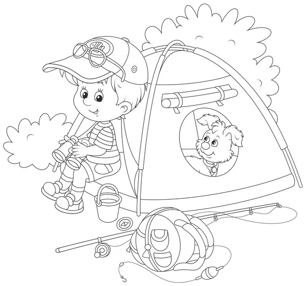 Boy scout avec une tente de camping — Image vectorielle