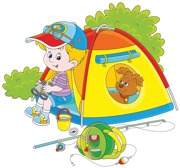 Boy scout avec une tente de camping — Image vectorielle
