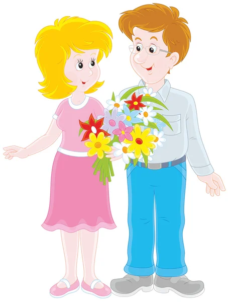 Couple aimant avec un bouquet — Image vectorielle