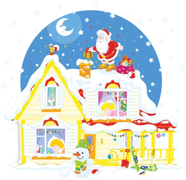 Papai Noel no housetop com presentes —  Vetores de Stock