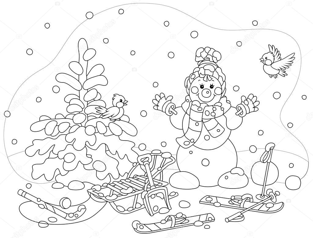 Cheerful small birds flying around a smiling cute toy snowman with a warm scarf and a hat, skis and a sledge on a snowy playground in a winter park, black and white outline vector cartoon