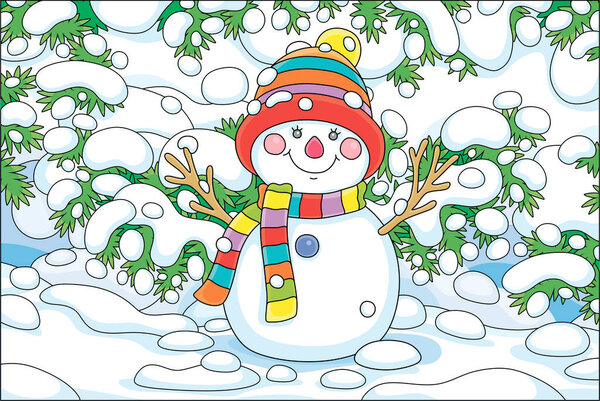 Улыбающийся снеговик с теплым красочным шарфом и шляпой под заснеженными еловыми ветвями в снежном зимнем парке, векторная карикатура