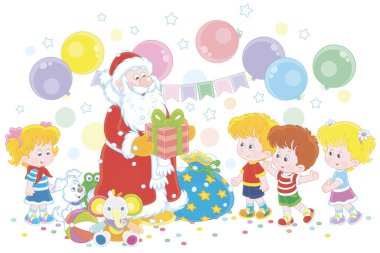 Santa Claus giving his magical Christmas presents to happy and merry small children, vector cartoon illustration on a white background clipart