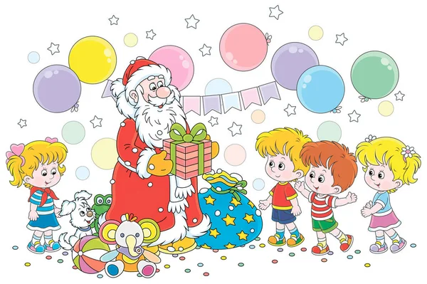 Santa Claus Giving His Magical Christmas Presents Happy Merry Children — Stock Vector