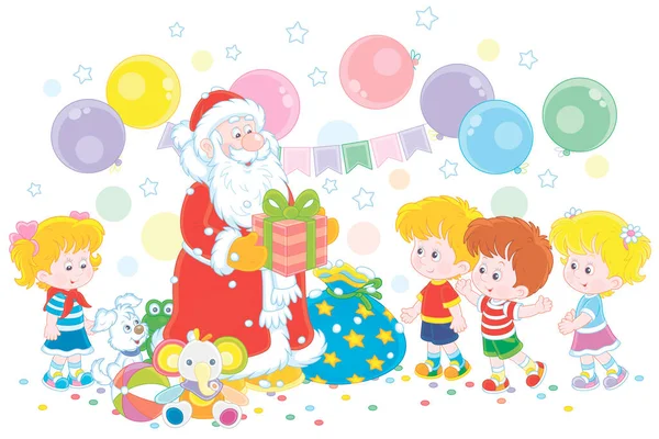 圣诞老人送给快乐快乐的孩子们神奇的圣诞礼物 白色背景的矢量卡通画 — 图库矢量图片