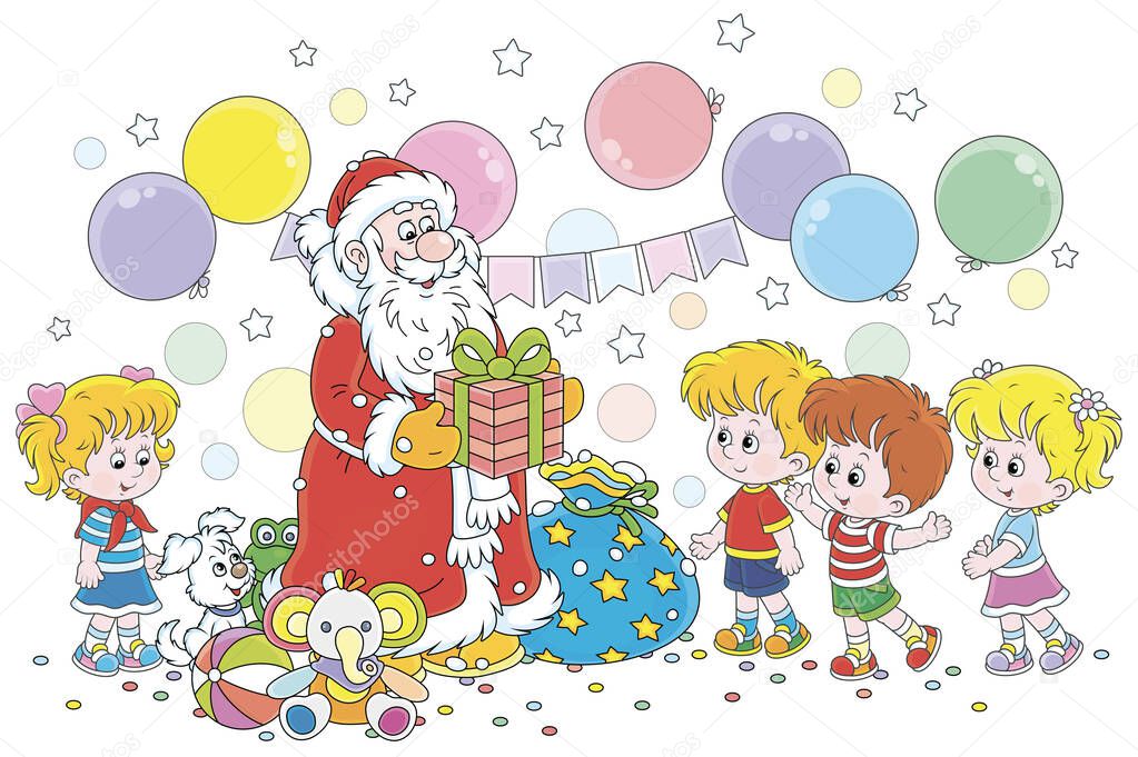 Santa Claus giving his magical Christmas presents to happy and merry children, vector cartoon illustration on a white background