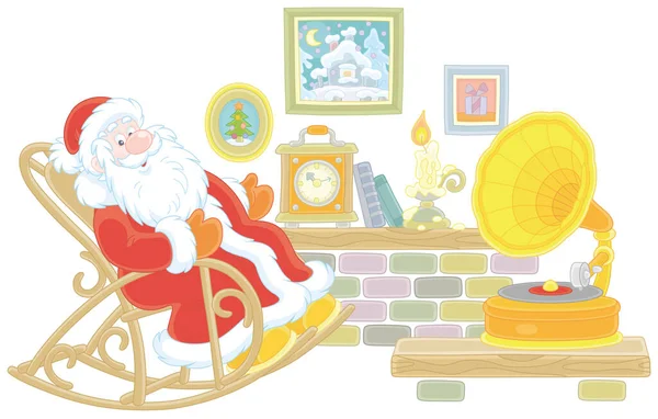 Santa Claus Sentado Silla Mecedora Crujiente Descansando Después Paseo Invierno — Archivo Imágenes Vectoriales