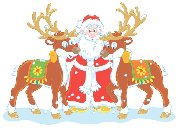 Санта Клаус Обнимает Своего Волшебного Северного Оленя Векторные Иллюстрации Мультфильма — стоковый вектор