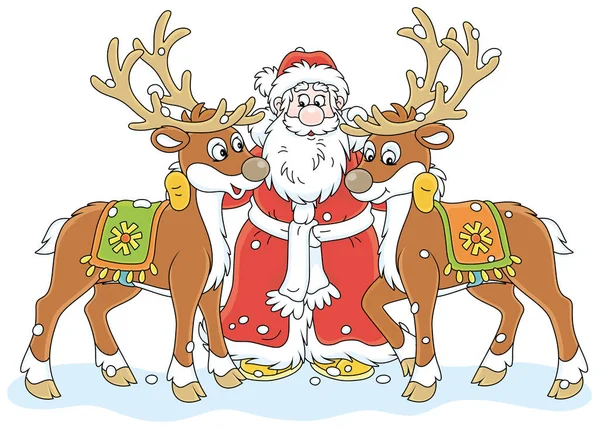 Santa Claus Embracing His Magic Reindeer Vector Cartoon Illustration Isolated — Stock Vector